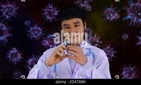 male doctor holding syring of virus vaccine and coronavirus (covid-19) floating in the air Stock Photo