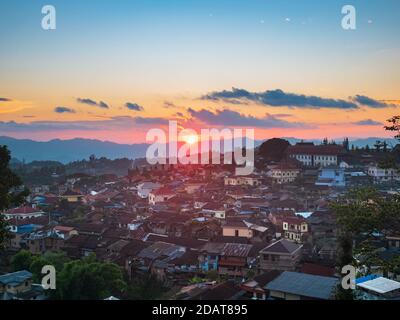 Aerial view of Phongsali, North Laos near China. Yunnan style town on scenic mountain ridge. Travel destination for tribal trekking in Akha villages. Stock Photo