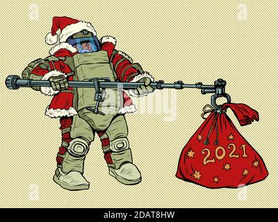 Santa Claus in a protective suit and gifts. Fear of the new year 2021 Stock Vector