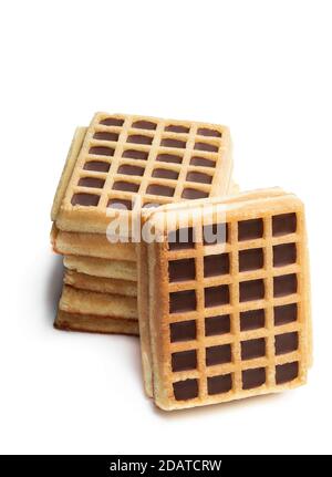 Stack  of toasting waffles with chocolate isolated on white Stock Photo