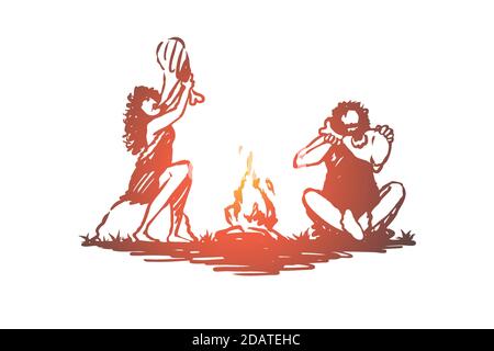 Primitive, people, bonfire, caveman, ancient concept. Hand drawn isolated vector. Stock Vector