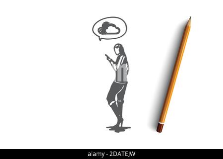 Cloud, service, internet, network, technology concept. Hand drawn isolated vector. Stock Vector