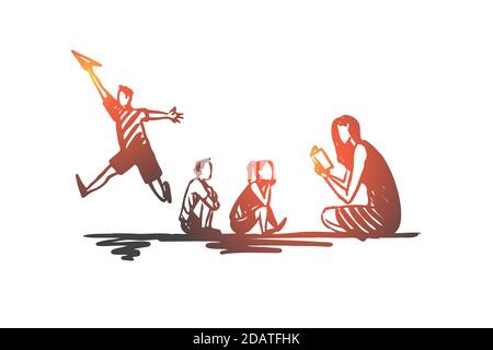 ADHD, kid, deficit, attention, hyperactivity concept. Hand drawn isolated vector. Stock Vector