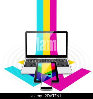 A Laptop computer, Tablet PC and Smart-Phone Device overlaid with 3 overlapping arrows representing a fast speed downloading 5G data stream. Stock Vector