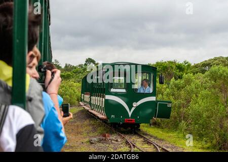 Visitors on board the Jungle train (Rainforest Ecological Train) heading towards Devil’s Throat Falls, part of the Iguazu Waterfalls in the Iguazu Nat Stock Photo