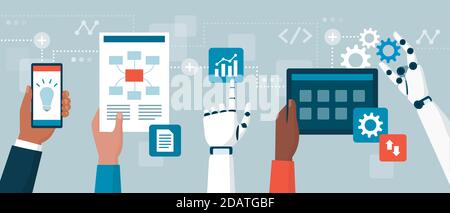 Business people and AI robots working together: business applications for artificial intelligence Stock Vector
