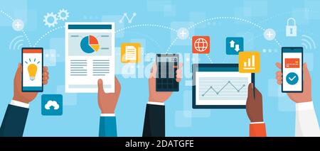 Business people working together and connecting online, they are holding mobile devices and financial charts, business and technology concept Stock Vector