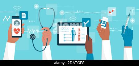 Doctors connecting online and working together, they are using mobile devices and checking a patient's medical records Stock Vector