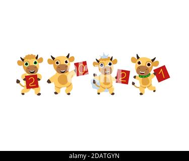 new year bulls with cards in hands with numbers 2021 Stock Vector