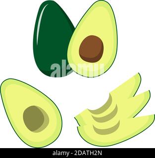 avocado whole and cut slices. flat vector illustration isolated on white background Stock Vector