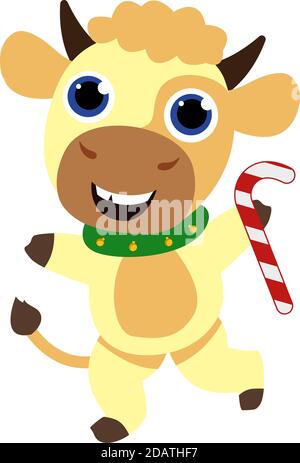 New Year cute children bull in a scarf is dancing. symbol of 2021. vector illustration isolated on white background Stock Vector