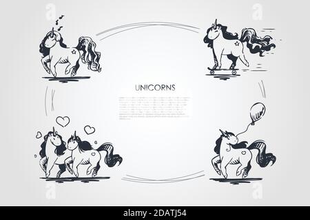 Unicorns - couple in love, holding airballon, riding on skateboard and singing unicorns vector concept set Stock Vector