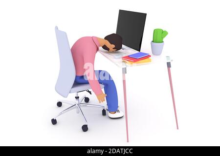 Professional and freelanse burnout,  work at home and exhausted man. Mental health problem and procrastination concept illustration. 3d render illustr Stock Photo