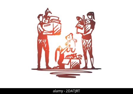 Relocated Drawing Family moving, relocation, changing flat together concept. Hand drawn ...