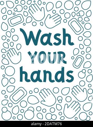 wash your hands . soap bubble doodle lettering vector. hand drawn illustration. Poster, sticker, badge Stock Vector
