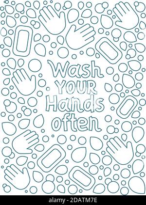 wash your hands often. soap bubble doodle lettering vector. hand drawn illustration. Poster, sticker, badge Stock Vector