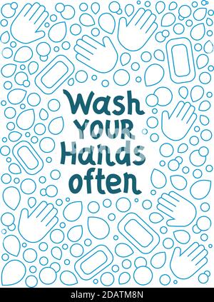 wash your hands often. soap bubble doodle lettering vector. hand drawn illustration. Poster, sticker, badge Stock Vector