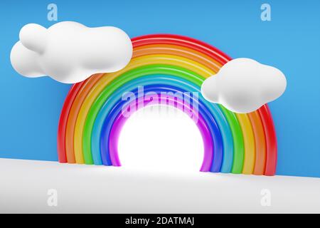 3d illustration of a rainbow round arch with clouds on a  white background.  Portal of long inflatable colorful balls to the magical land Stock Photo