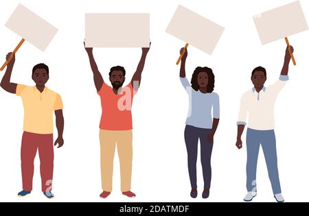 black people hold blank posters in their hands, activists. vector illustration Stock Vector