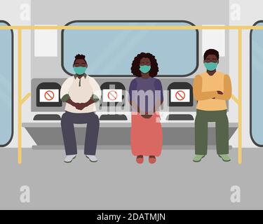 people in medical masks sitting in the subway at a safe distance, the concept of social distance. flat vector illustration Stock Vector