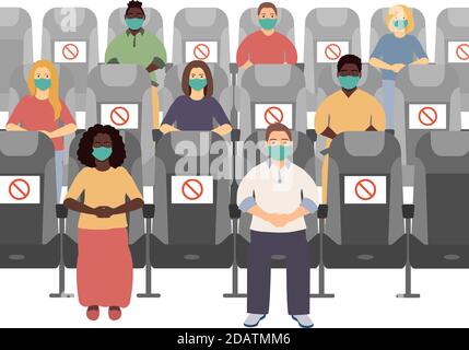 Social distance in the cinema. People keep distance, sit through one chair prohibition signs, safe. Vector illustration Stock Vector