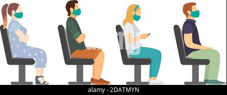 bus seating side view. man and woman in face mask. vector illustration Stock Vector