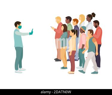 Man in a mask and gloves leaves the crowd without masks, urges her to behave safely and keep distance. plane vector illustration Stock Vector