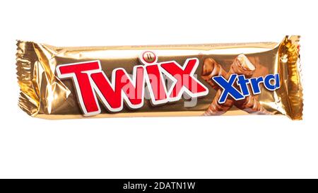 Kiev, Ukraine- March 29, 2018: Twix cookie bars isolated on white background. Twix bars are produced by Mars Incorporated. Twix name has been used sin Stock Photo