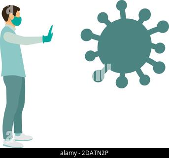 man in a medical mask and gloves extended his hand towards the show stop coronavirus. flat vector illustration Stock Vector