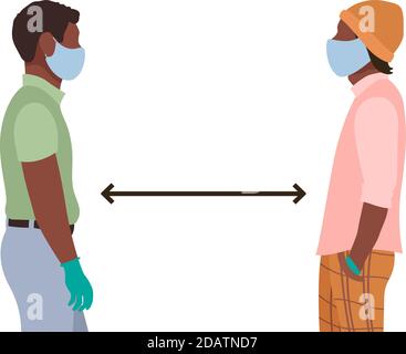 social distance two black Aframerican men wearing medical masks and gloves stand in front of each other. flat vector illustration Stock Vector