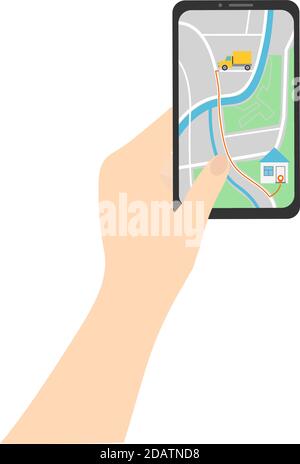 Hand holding mobile smartphone with mobile app delivery tracking. Vector flat info graphics design on delivery tracking application Stock Vector