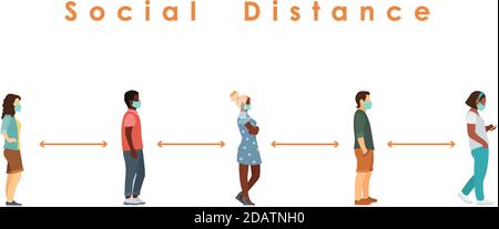 social distance. Full length sick people in medical masks standing in line against at a safe distance of 2 meters or 6 feet. flat vector illustration Stock Vector