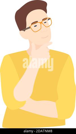 thoughtful guy with glasses, smart man solving a problem, in yellow clothes, flat cartoon vector Stock Vector