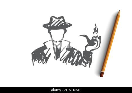 Investigate, magnifier, search, man, detective concept. Hand drawn isolated vector. Stock Vector