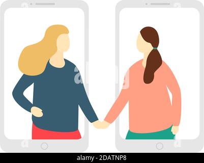 two women go out of the screens of smartphones and hold hands Stock Vector