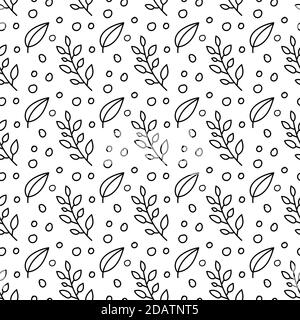 Hand drawn vector seamless pattern with floral elements. Vector pattern with leaves, twigs. Black and white. Stock Vector