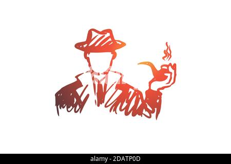 Investigate, magnifier, search, man, detective concept. Hand drawn isolated vector. Stock Vector