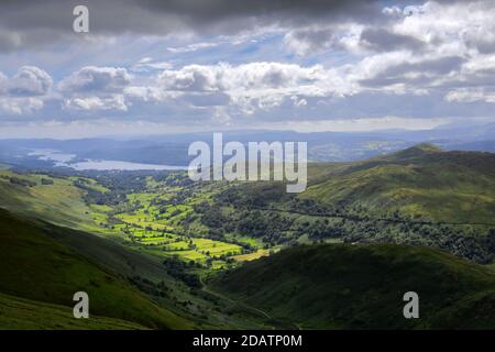 Summer view over Troutbeck village, Troutbeck valley, Kirkstone pass, Lake District National Park, Cumbria, England, UK Stock Photo