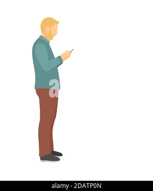 young blond man with a beard stands in full growth looking at his smartphone. flat vector illustration Stock Vector