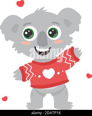 cute cheerful australian koala in a sweater with a heart, holiday valentines day. flat cartoon vector illustration Stock Vector