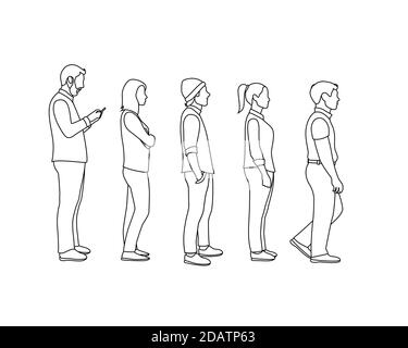 outline men and women queue, one after another full view side Stock Vector