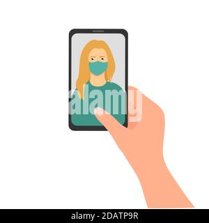 smartphone in hand, on the screen a woman in a medical mask, video communication with a doctor or selfie. flat vector illustration Stock Vector