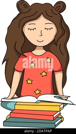 Cute little girl book lover enjoys reading big books and novels. Cartoon  style Bibliophile Illustration for Graphic Novels. 2922584 Vector Art at  Vecteezy