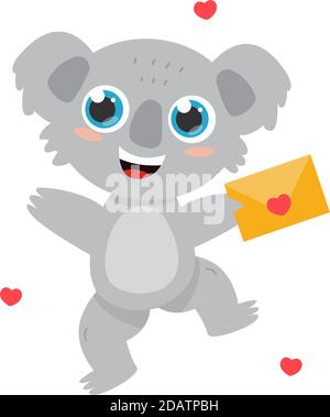 Cute cheerful Australian koala holding a letter with a heart, holiday Valentine's Day. flat cartoon vector illustration Stock Vector