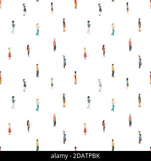 Seamless pattern crowd of masked men and women walk on a safe social distance, African Americans and Europeans. Stock Vector
