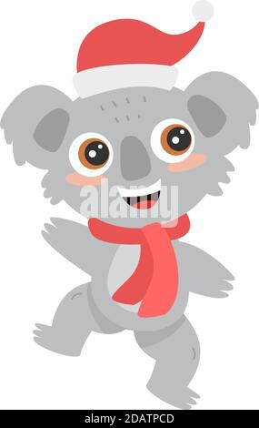Cute Australian koala wombat with big eyes in a Santa hat smiles and dances. New Year flat vector cartoon illustration Stock Vector