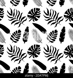 Seamless pattern tropical silhouettes of palm leaves. Monstera, coconut, banana, mango, chamaedorea. Vector illustration on white background Stock Vector