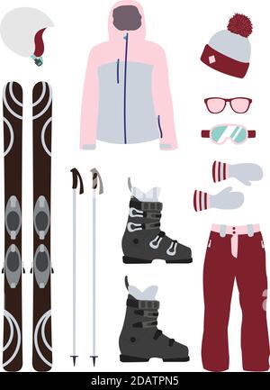 Ski equipment kit clothes vector illustration on transparent background. Extreme winter sport. Set skis and ski poles. vacation Stock Vector