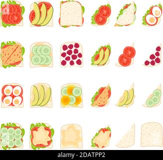 set of sandwiches top view, different filling options, healthy food vegetarian vegetables Stock Vector
