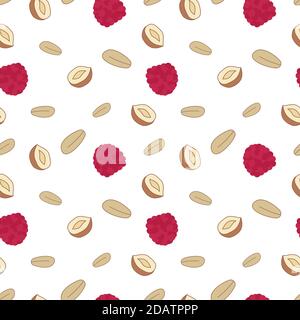 granola muesli raspberries nuts proper nutrition seamless pattern Stock Vector